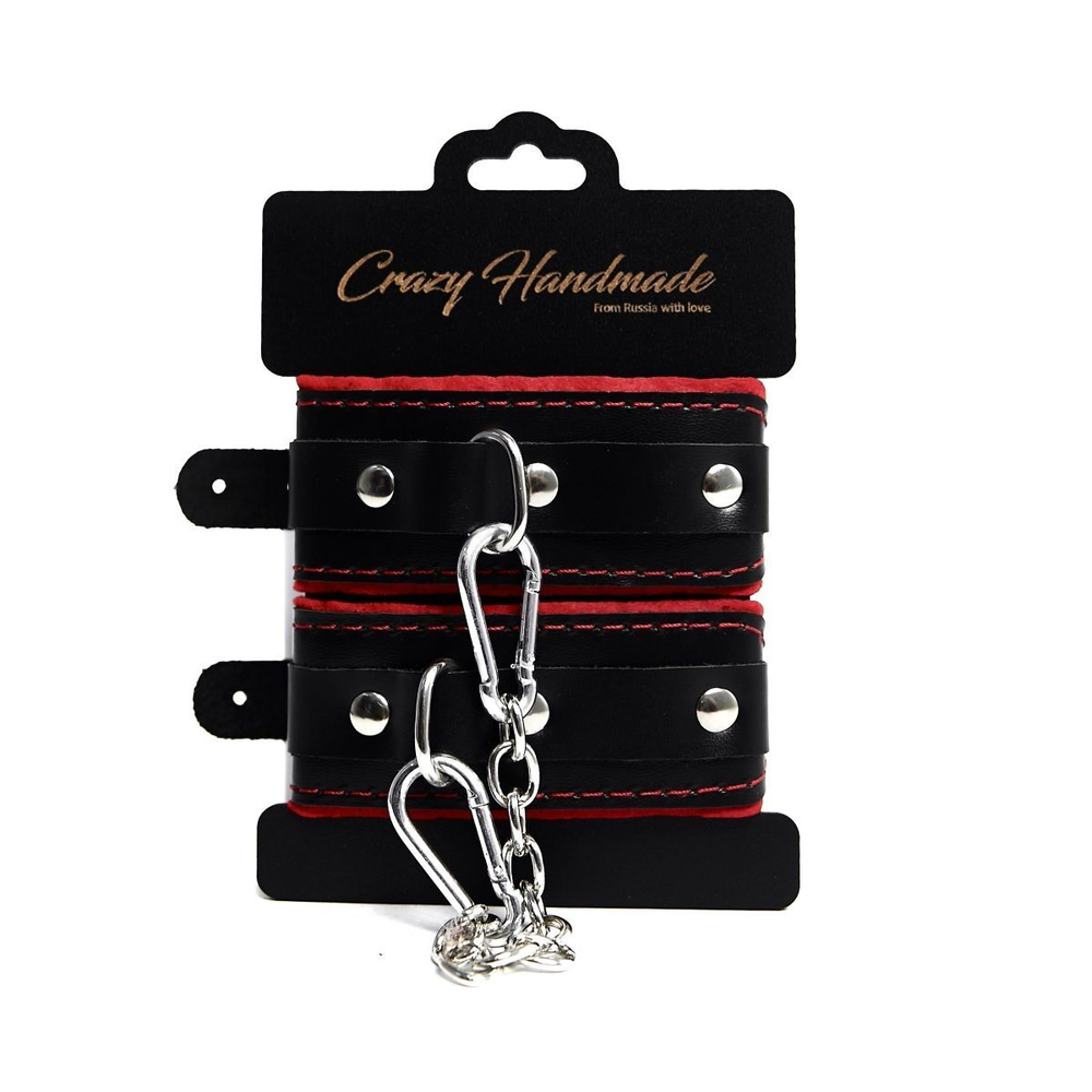 Черные наручники с красной подкладкой, строчками и скругленными ремешками (Цвет: черный с красным)