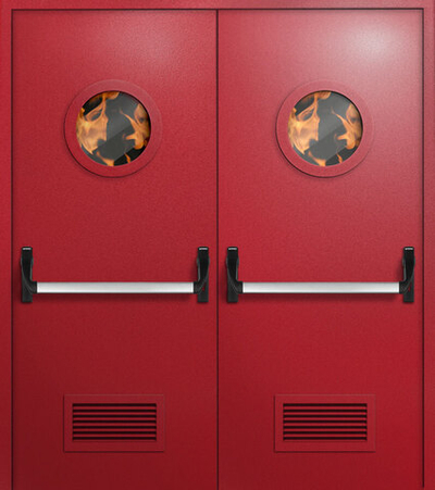 Двупольная противопожарная дверь с антипаникой, круглыми окнами и вентиляцией - 1211