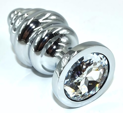 Серебристая анальная пробка из нержавеющей стали с прозрачным кристаллом - 8,8 см. (Цвет: прозрачный)