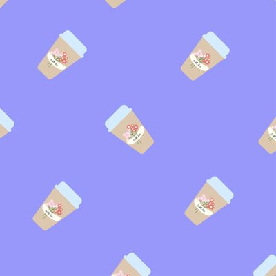 seamless pattern glass of coffee with flowers vector illustration, lilac