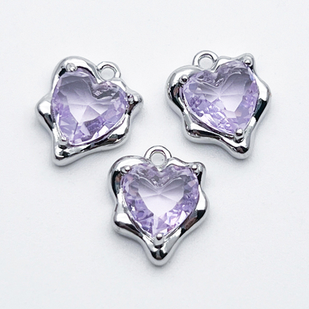 Подвеска Сердце, цвет серебро (родий) + сиреневый, размер 13*10 мм, цена за 1 шт