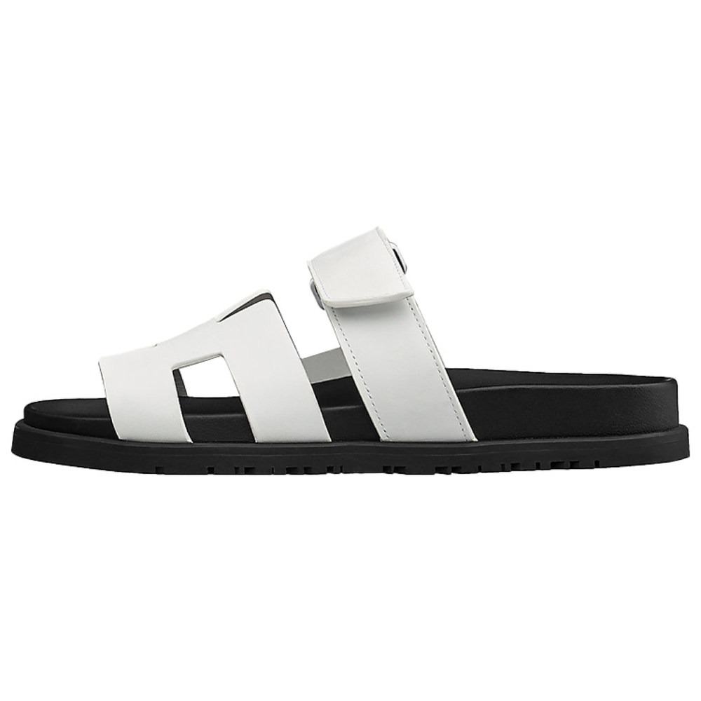 Hermes Chypre leather flat-bottomed one-word fashion sandals women's white, H211114Z 90