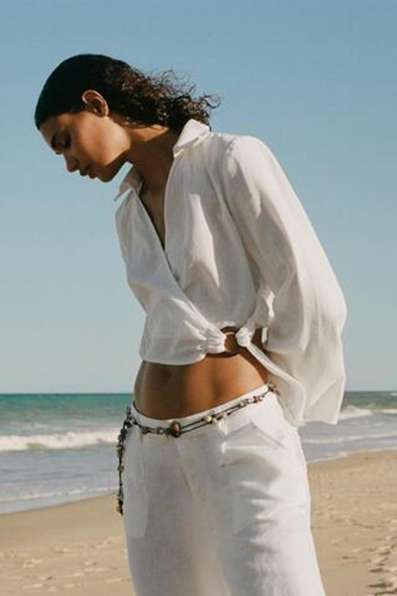 ZARA БРЮКИ ИЗ ТКАНИ РАМИ С ЗАЩИПАМИ, ЖЕЛТОВАТО-БЕЛЫЙ