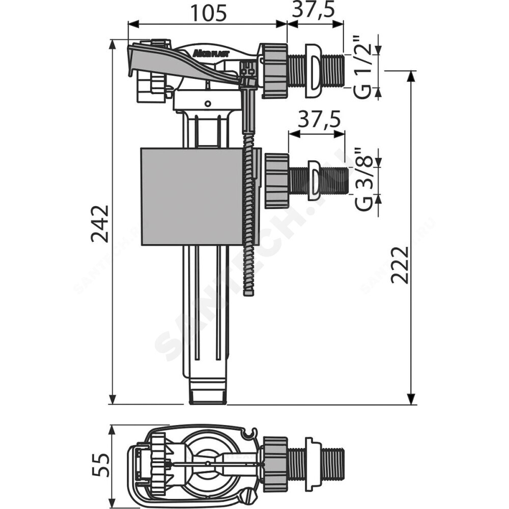 Арматура для бачка наливная 3/8" и 1/2" боковое подключение Alca Plast A160UNI