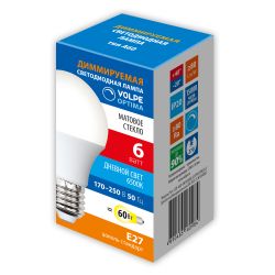 LED-A60-6W-6500K-E27-FR-DIM-SLS Лампа светодиодная. диммируемая. Форма A. матовая. Дневной свет 6500K. ТМ Volpe