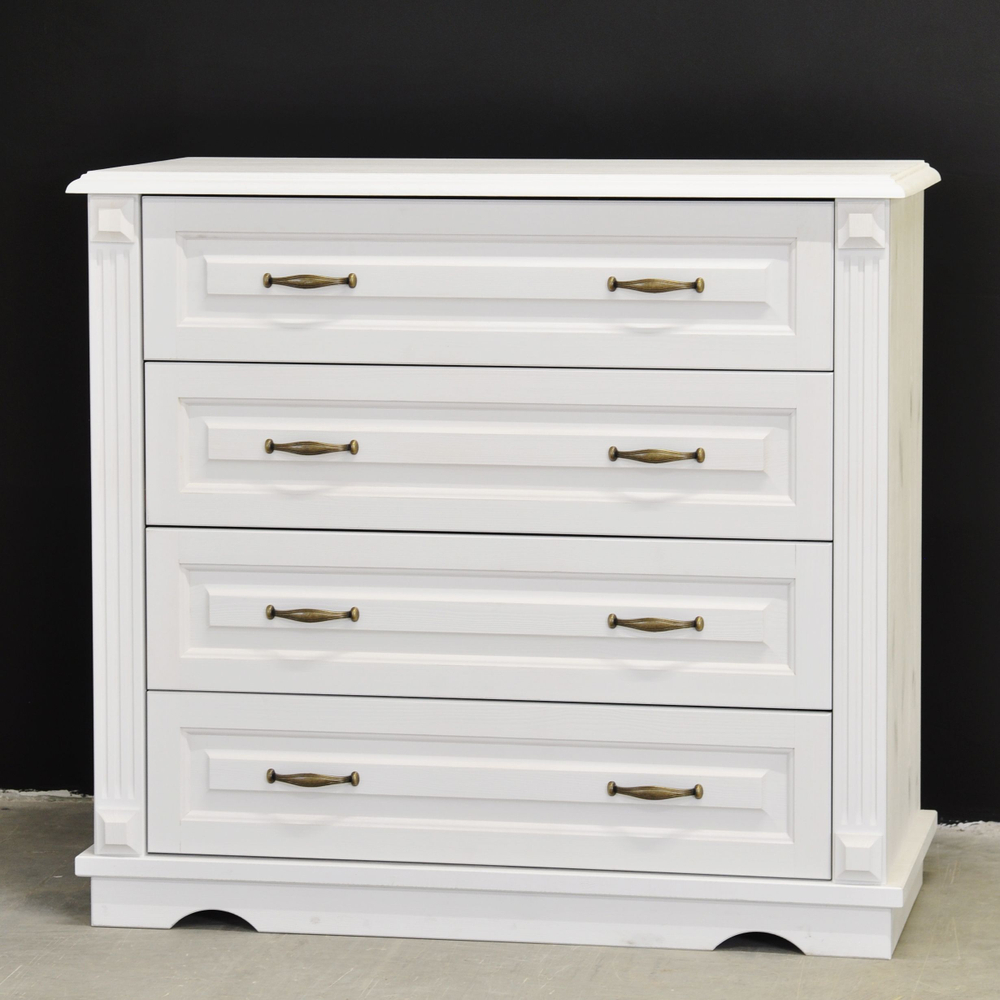 Комод белый с ящиками Харви из массива сосны с филенкой для спальни и кухни в викторианском стиле, комод деревянный для вещей и одежды на ножках напольный