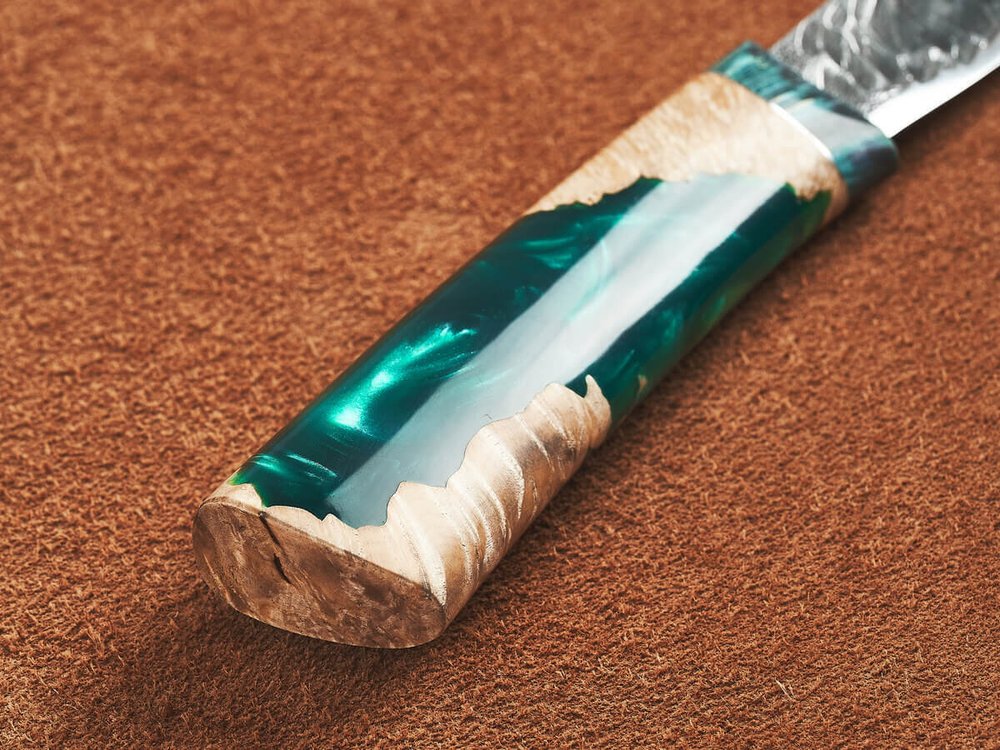 Якутский нож "Амга", сталь Х12МФ, рукоять стабилизированная карельская береза / акрил изумруд