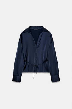 ZARA АТЛАСНАЯ БЛУЗКА С ТОНКИМ ПОЯСОМ, МОРСКОЙ СИНИЙ
