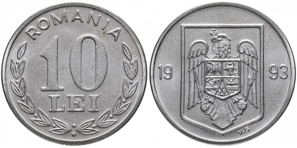Румыния 10 леев, 1993 - 2003 Герб XF