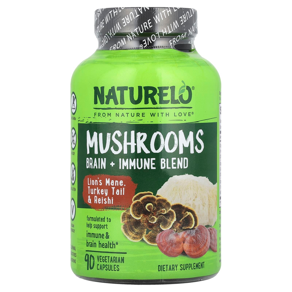 NATURELO, Грибы, смесь для мозга и иммунитета, 90 вегетарианских капсул