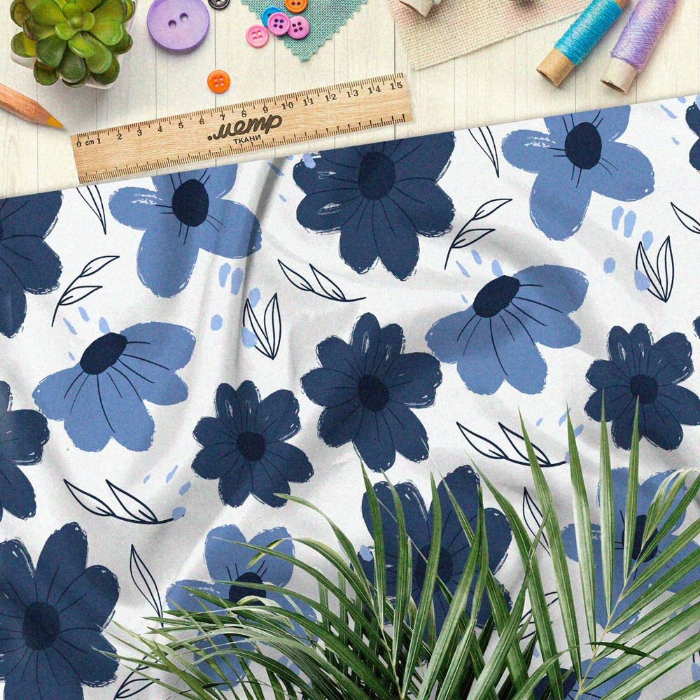 Ткань бифлекс простые синие цветы на белом фоне