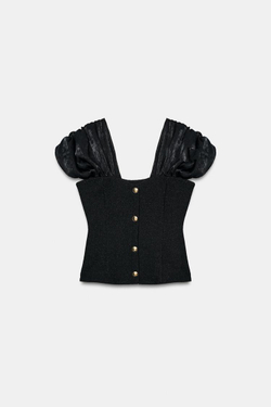 ZARA ТОП ИЗ БУКЛИРОВАННОЙ ТКАНИ, ЧЕРНЫЙ/ЭКРЮ