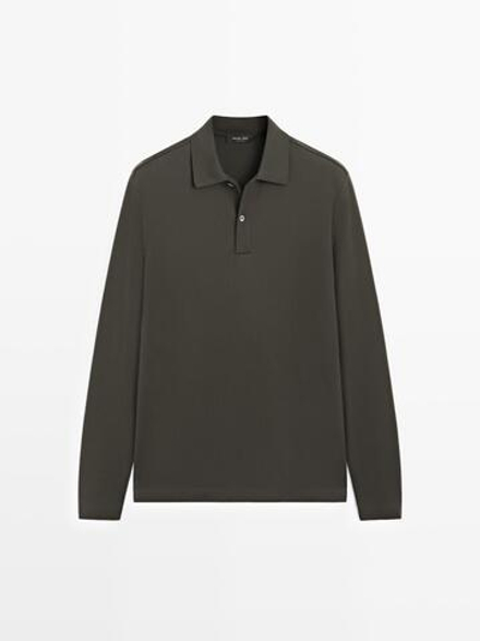 Massimo Dutti Поло с длинными рукавами и деталями в рубчик, угольный