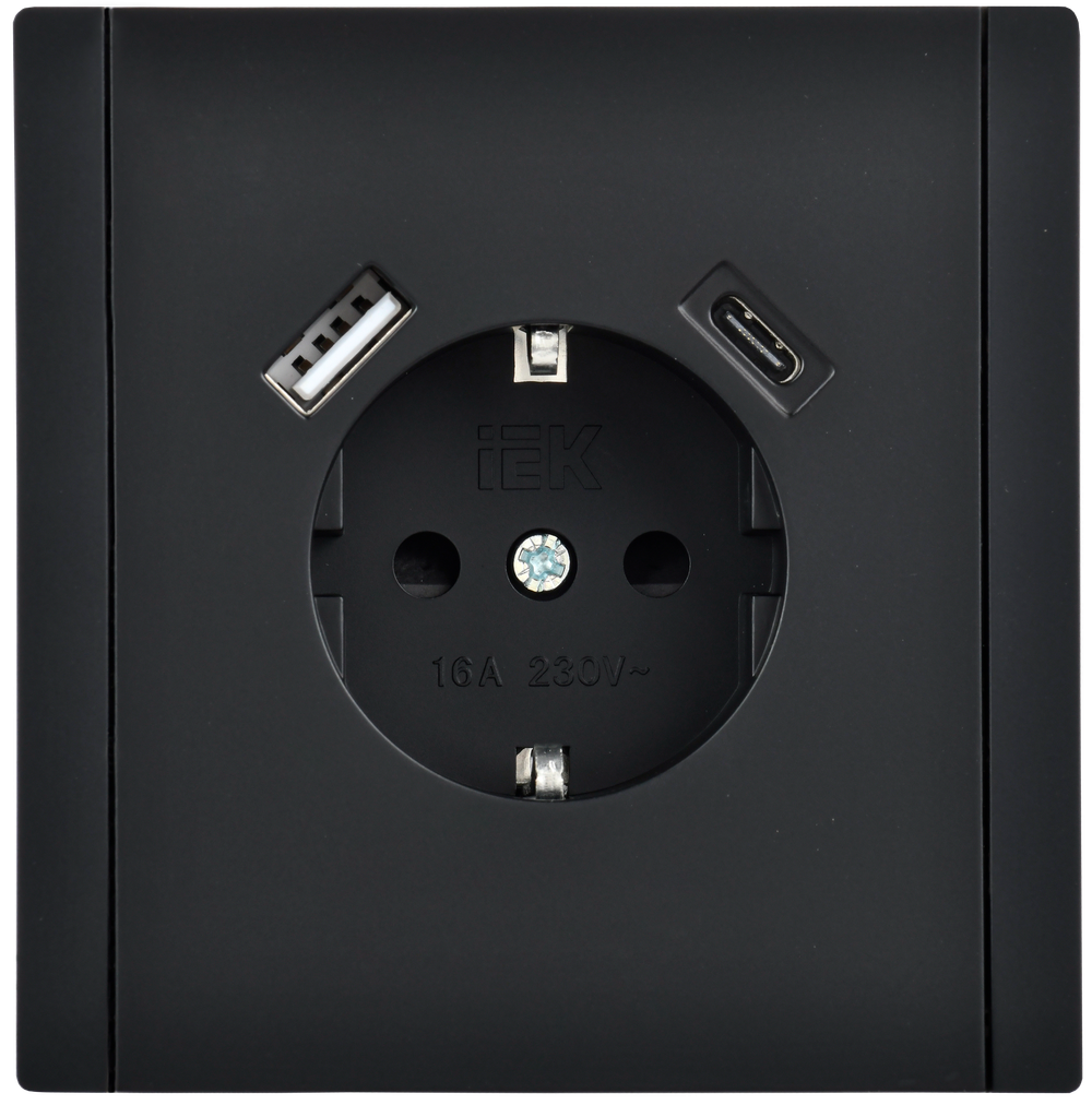 FORTE&PIANO Розетка 1-местная с заземлением с защитными шторками винтовое крепление 16А USB A+C 18Вт FP147 черный IEK