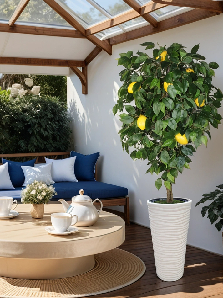 Искусственное дерево Лимон 170 см в высоком круглом белом кашпо