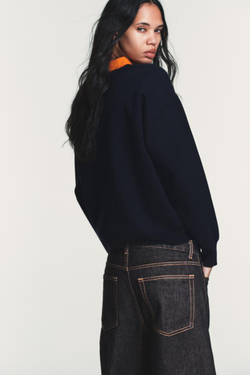 ZARA ВЯЗАНЫЙ ДЖЕМПЕР ПОЛО С КОНТРАСТНЫМ ВОРОТНИКОМ, СИНИЙ