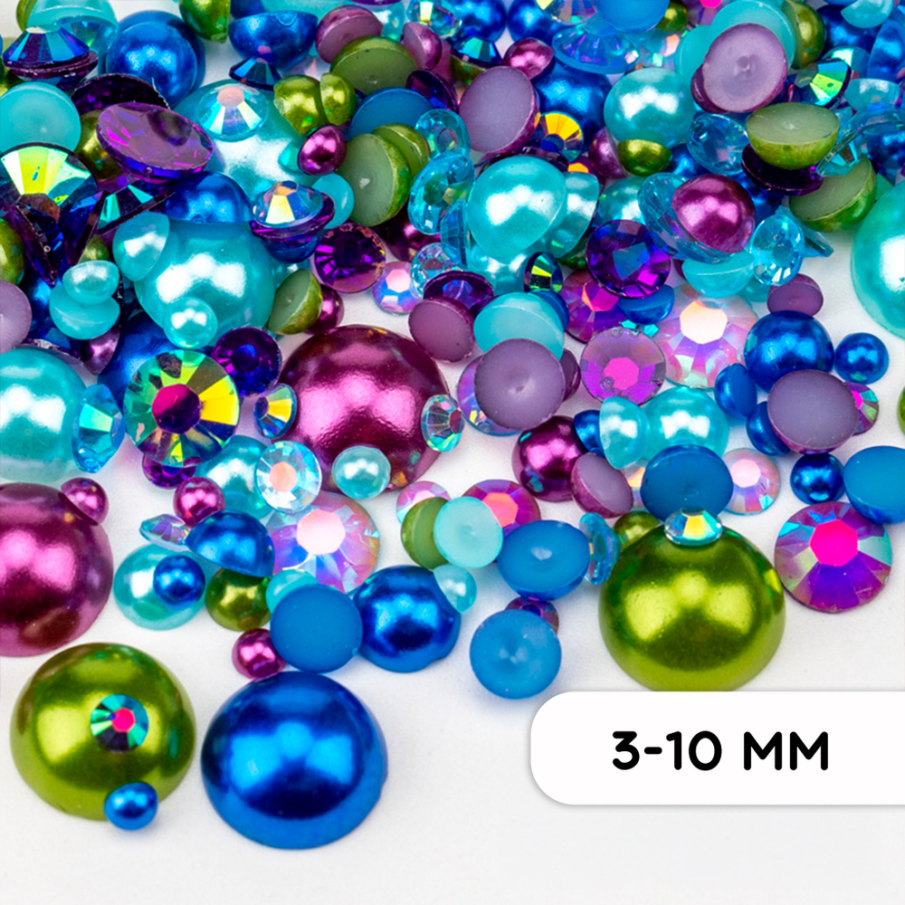 Набор декоративного полужемчуга и страз “Blue-Turquoise-Green-Violet-Crystal AB”