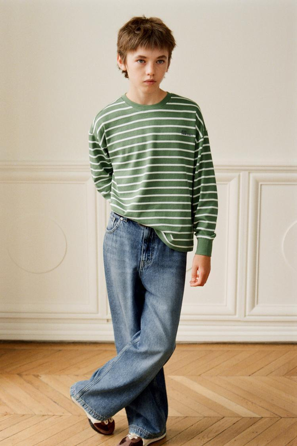 ZARA ЛОНГСЛИВ В ПОЛОСКУ ИЗ ПЛОТНОЙ ТКАНИ, ЗЕЛЕНЫЙ