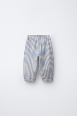 ZARA БРЮКИ ИЗ СМЕСОВОГО ЛЬНА И ХЛОПКА В ПОЛОСКУ, СИНИЙ