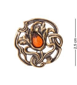 AM-3505 Брошь «Узор Капля» (латунь, янтарь)