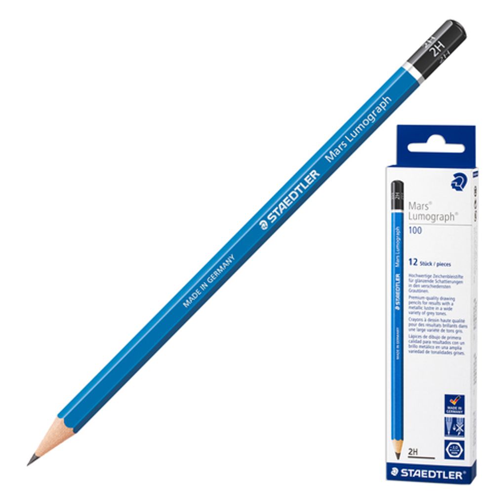 Карандаш чернографитный STAEDTLER ПРЕМИУМ (Германия), 1 шт., "Mars Lumograph", 2H, без резинки, грифель 2 мм, 100-2H