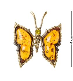AM-1659 Брошь «Бабочка со стразом» (латунь, янтарь)