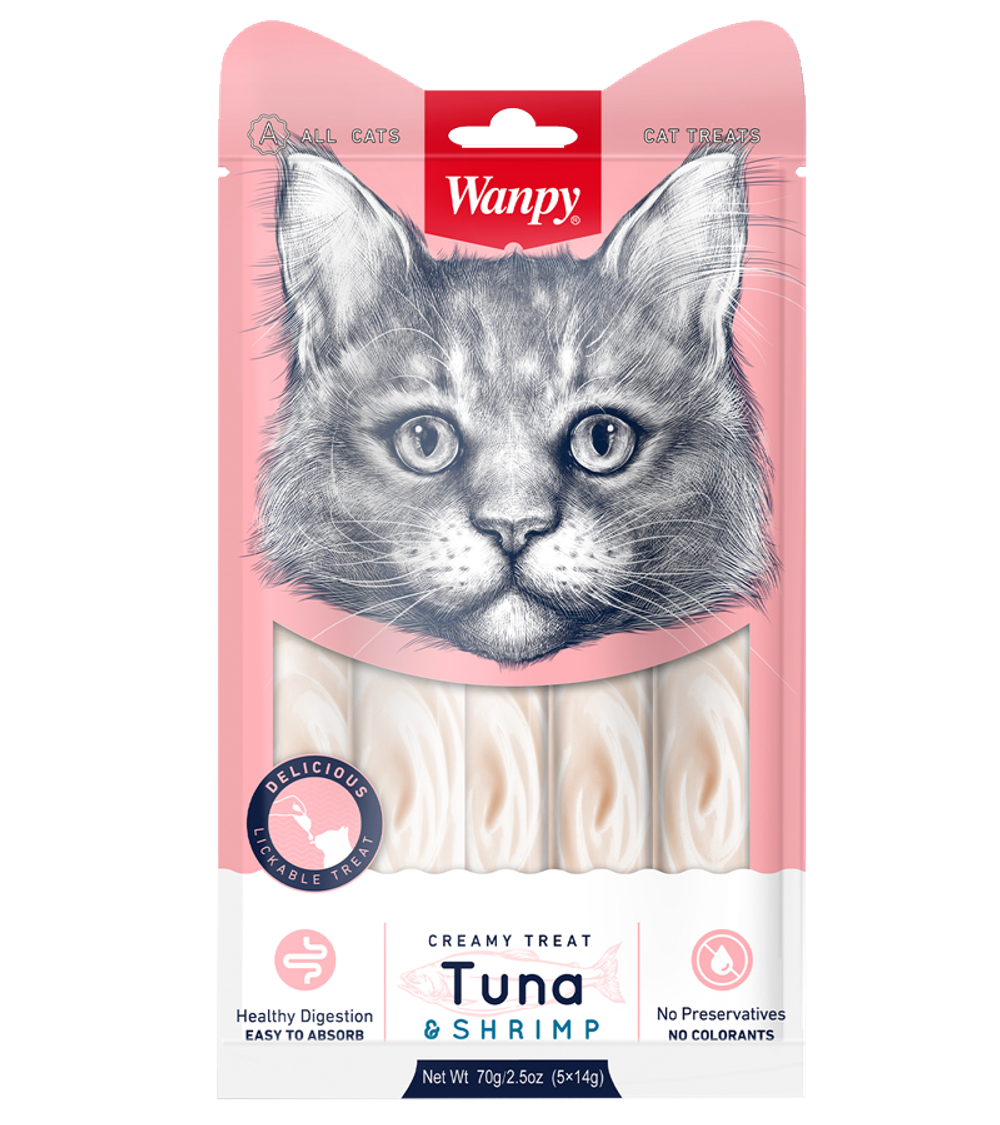 Wanpy Cat Лакомство для кошек «нежное пюре» из тунца и креветок 70гр.