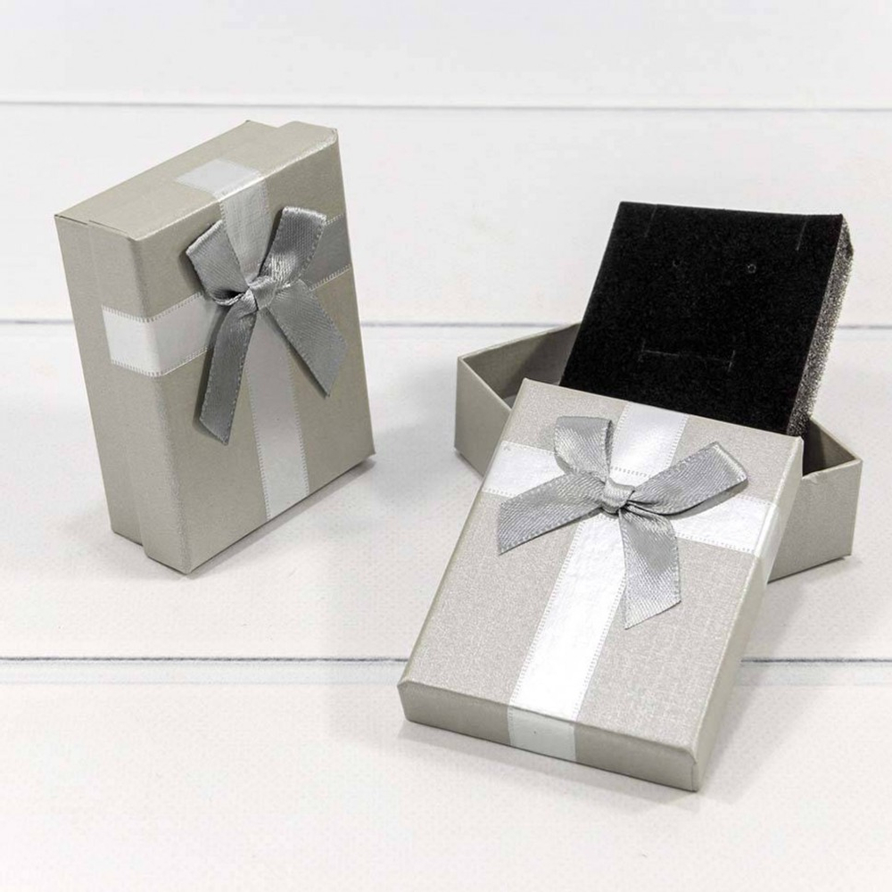 Коробка Ювелирная 7х9х3 см Набор 2 шт с бантом (Серебряный)