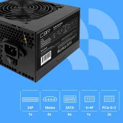 Блок питания Блок питания CBR ATX 700W 80+ Bronze, DC-DC, APFC, 0.6mm, 20+4pin, 1*8-pin(4+4P), 2*6+2pin, 6*SATA, 4*IDE, 12cm fan, 1.5м кабель питания, черный [PSU-ATX700-12GM] BOX