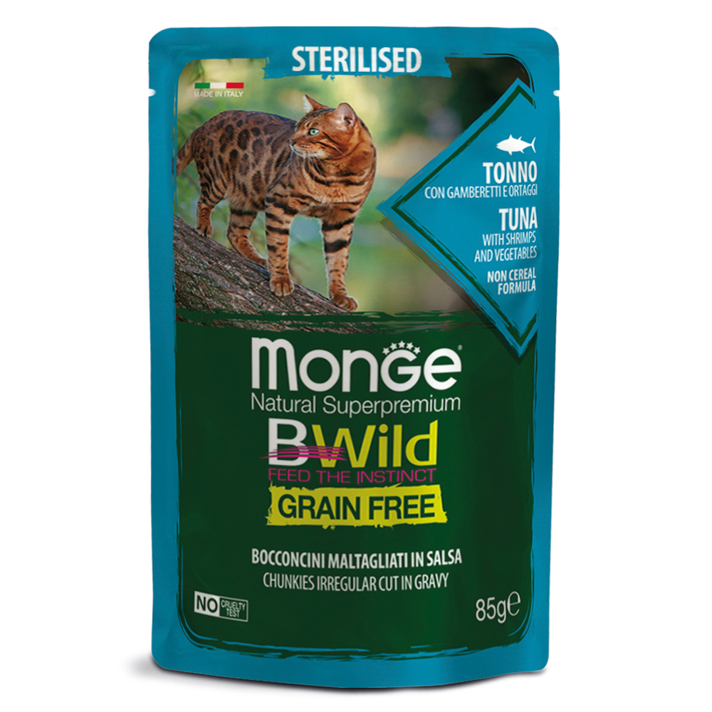Влажный корм Monge Cat BWild GRAIN FREE для стерилизованных кошек, беззерновой, из тунца с креветками и овощами, паучи 85 г - 28 шт