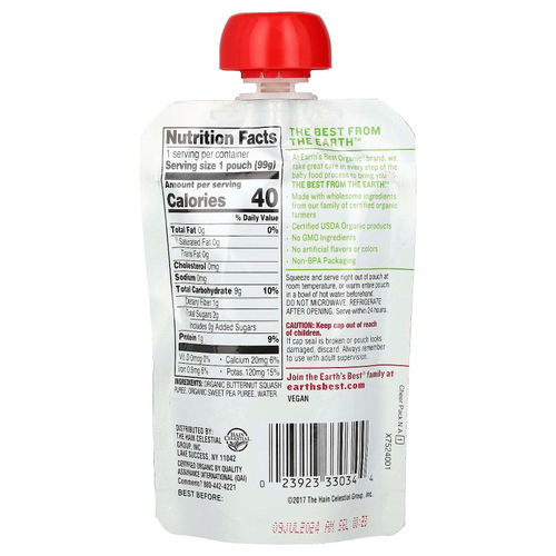 Earth's Best, органическое овощное пюре, для детей от 6 месяцев, тыква и сладкий горошек, 99 г (3,5 унции)