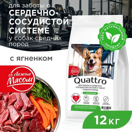 Корм сухой для взрослых собак средних пород, премиум полнорационный комплекс, для сердечно-сосудистой системы, с ягненком, 12 кг, QUATTRO