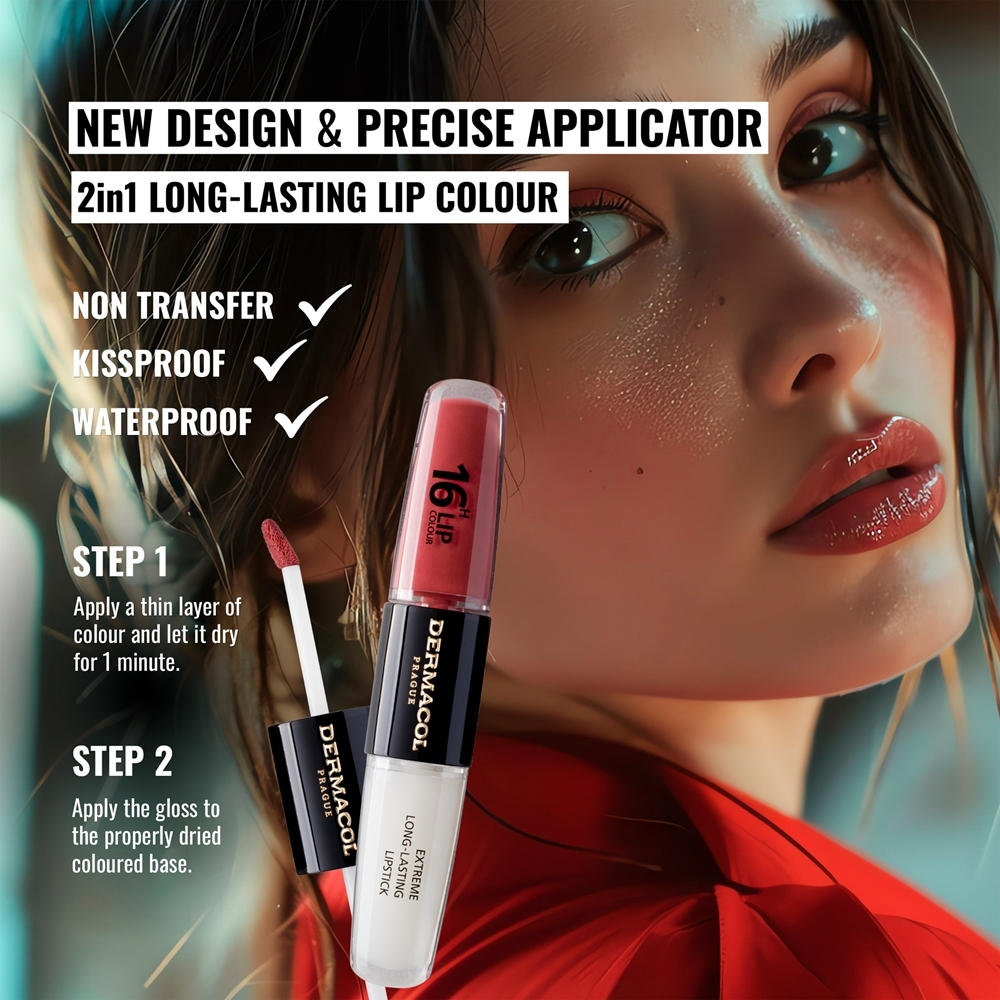 Dermacol 16H Lip Colour - Стойкая помада и блеск для губ, 2× 4 ml