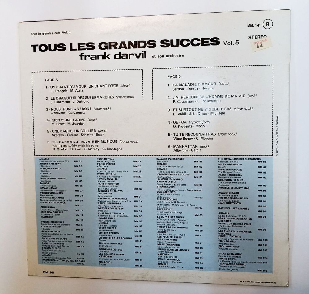 Винтажная виниловая пластинка LP Frank Darvil Et Son Orchestre Tous Les Grands Succ s Vol.5 (France 1973)