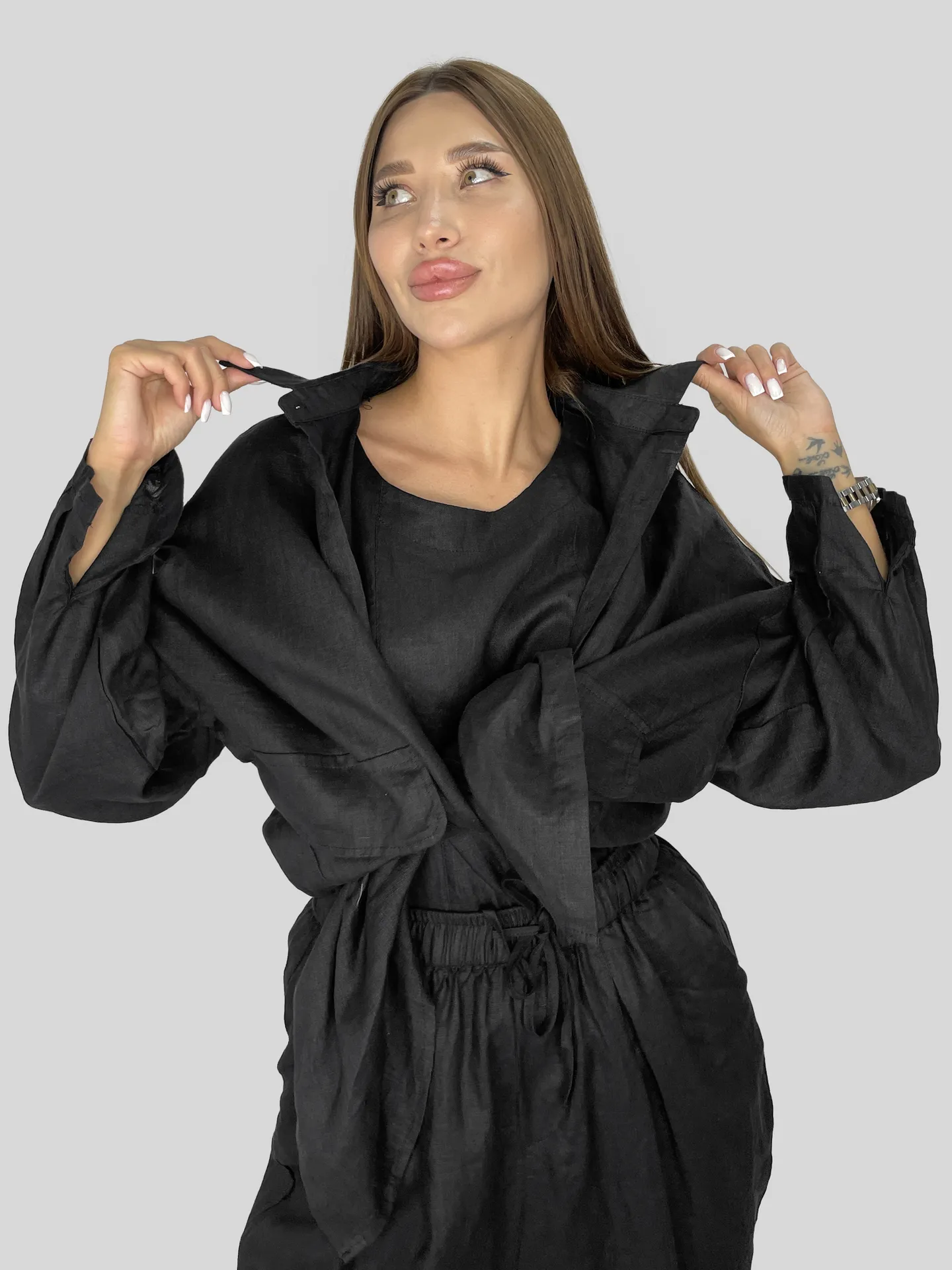 Костюм-тройка GZ 9168 льняной из блузы удлиненной рубашки и брюк на резинке недорого
