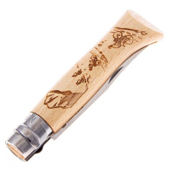 Складной нож Opinel №8 Alpine adventures, нержавеющая сталь, рукоять дуб, гравировка горный велосипед, 002187 c клинком из стали Sandvik™ 12С27