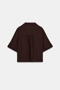 ZARA РУБАШКА СТРУЯЩЕГОСЯ ПОКРОЯ С КОРОТКИМ РУКАВОМ, ТЕМНО-КОРИЧНЕВЫЙ