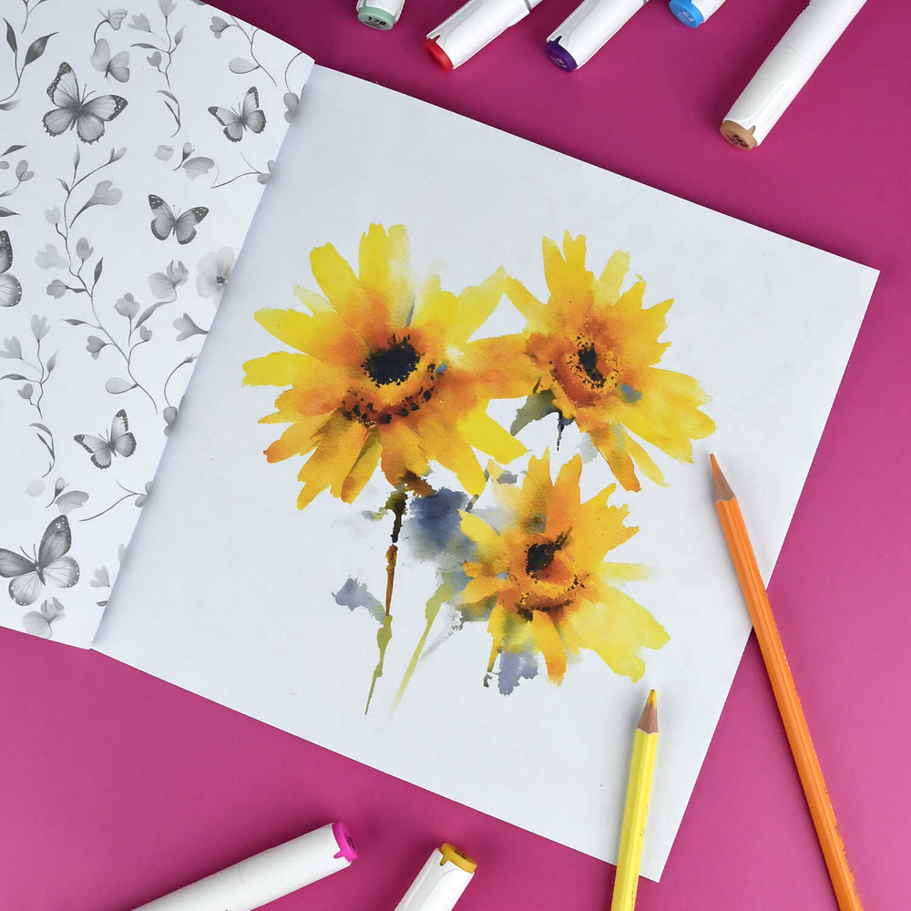 Книжка-раскраска для детей. Серия "Творческая раскраска" арт. 73318 ЦВЕТЫ /215x215 мм, 16 л., блок - офсет 120 г/м², полноцветная печать/печать в одну краску, обл - мелованный картон 200 г/м², клеевое скрепление,