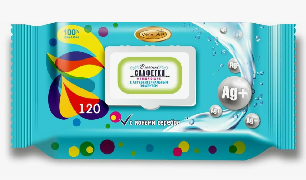 Салфетки влажные Vestar очищающие с антибакт.эффектом 120шт. клапан 4596