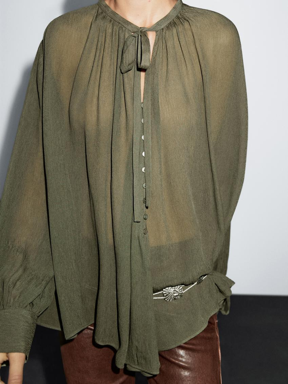 Massimo Dutti Блуза с завязками, темно-зеленый