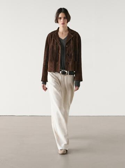 Massimo Dutti Замшевая куртка с кожаной бахромой, коричневый