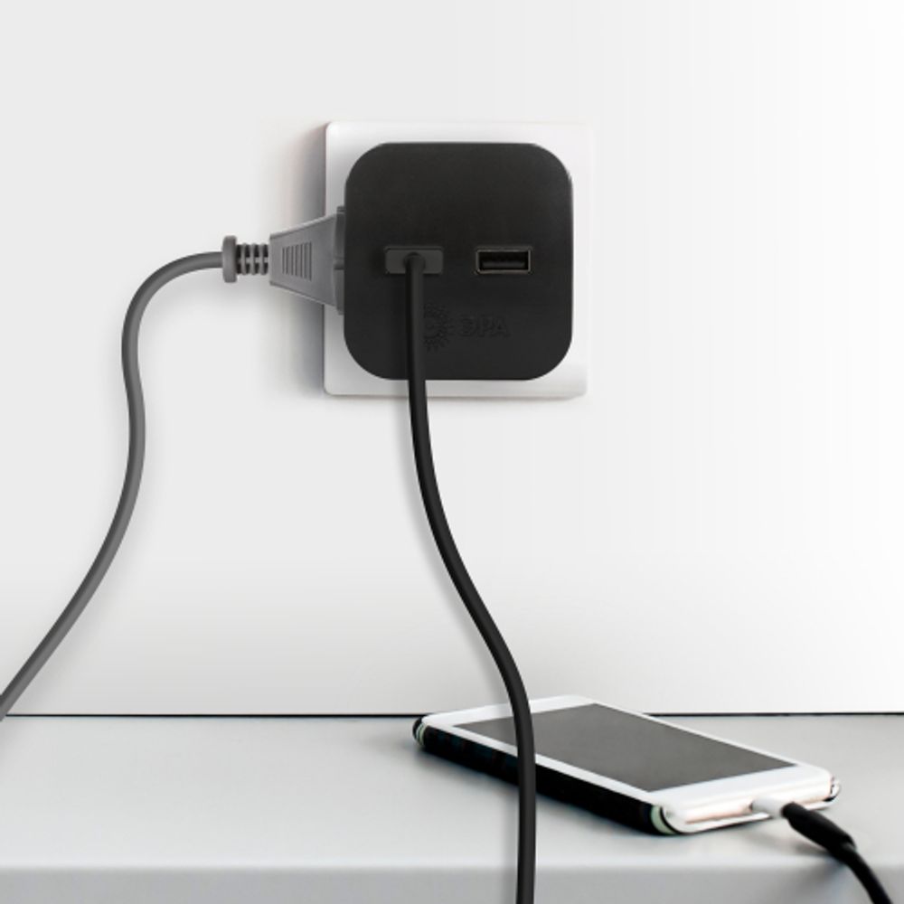 Разветвитель электрический ЭРА SP-2-USB-B на 2 розетки + 2xUSB 2400mA без заземления 10А черный