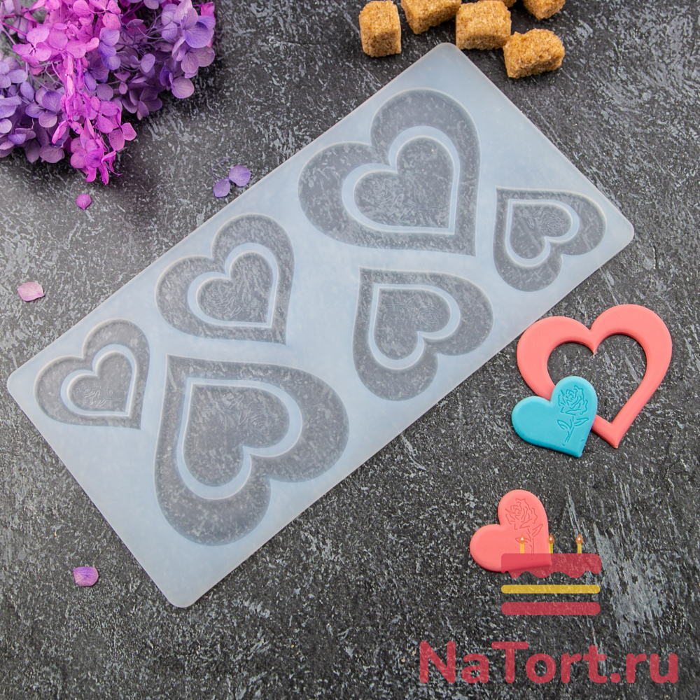 Силиконовый мат для отливки шоколада «Сердца с розой»