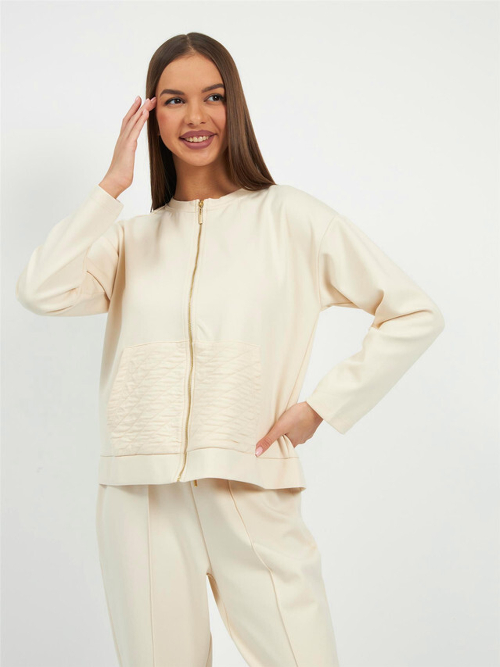 Женская куртка с полной молнией и базовым дизайном - Швейные детали, 50% полиамид, 46% хлопок, 4% эластан - 41502