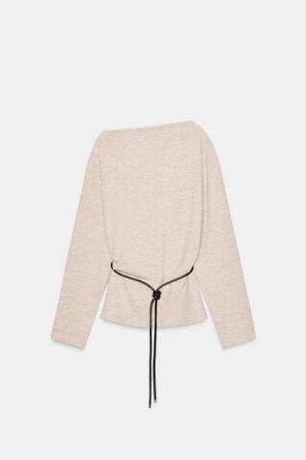 ZARA ТОП ИЗ РЕЛЬЕФНОЙ ТКАНИ С ПОЯСОМ, БЕЖЕВЫЙ МЕЛАНЖ