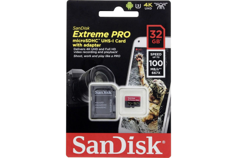 Карта памяти SanDisk MicroSD Class 10 Extreme Pro (100 Mb/s) + SD адаптер, 32GB