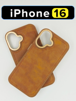 Чехол на Apple iPhone 16 кожаный Магсейф с металлической рамкой, коричневый