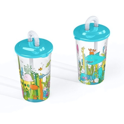 Стакан детский с трубочкой и декором "морской мир" 400 мл (голубой)