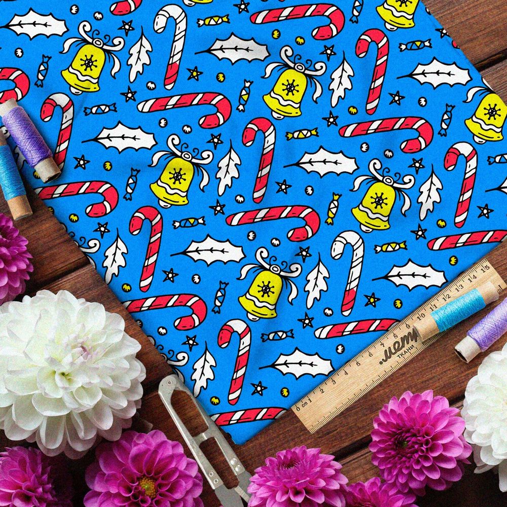 Ткань оксфорд 600 рождественские леденцы и жёлтые колокольчики