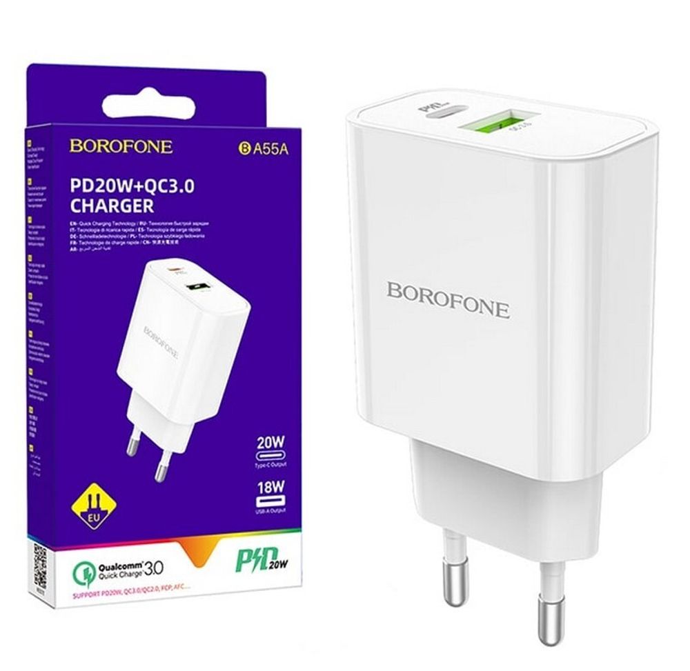 Сетевой адаптер питания BOROFONE BA55A PD 20W+ QC 3.0 (белый)